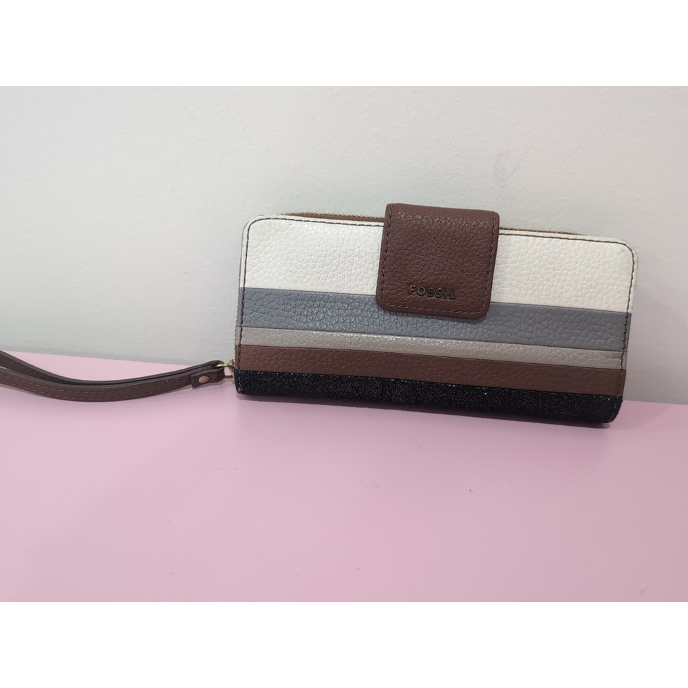 Fossil Zip Around Clutch Wristlet Leather Wallet Brown Gray‎ White Black
